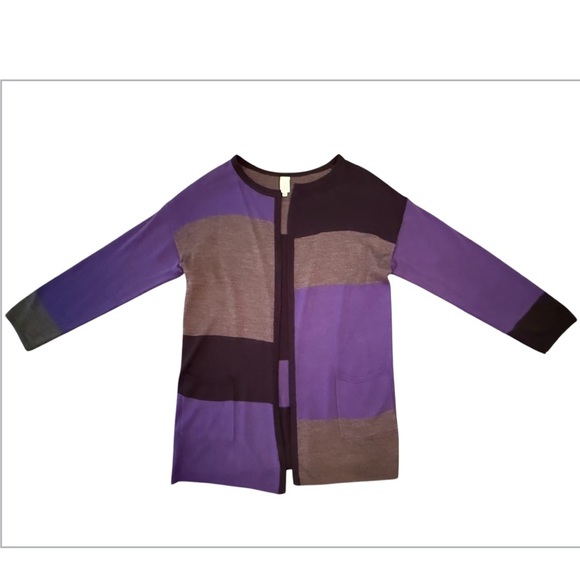 Jones New York purple/black/gray Colorblock Tunic length Open Cardigan Small - Picture 1 of 8
